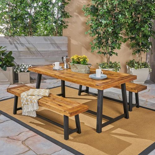  Christopher Knight Home 306062 Weir Outdoor Acacia Wood Picnic Set, Teak Finish and Black
