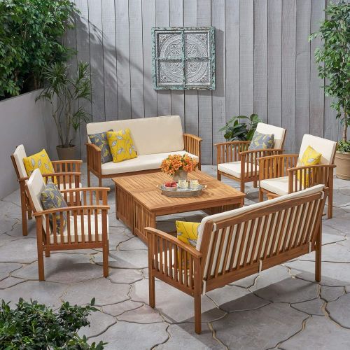  Christopher Knight Home 295746 The Carolina Beckley 8-pc Outdoor Wood Sofa Seating Set, 8 Piece, Natural Stained