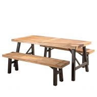 Christopher Knight Home Great Deal Furniture Valverde | 3 Piece Wood Outdoor Picnic Dining Set | Perfect for Patio | with Teak Finish