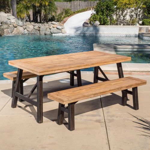  Christopher Knight Home Great Deal Furniture Valverde | 3 Piece Wood Outdoor Picnic Dining Set | Perfect for Patio | with Teak Finish