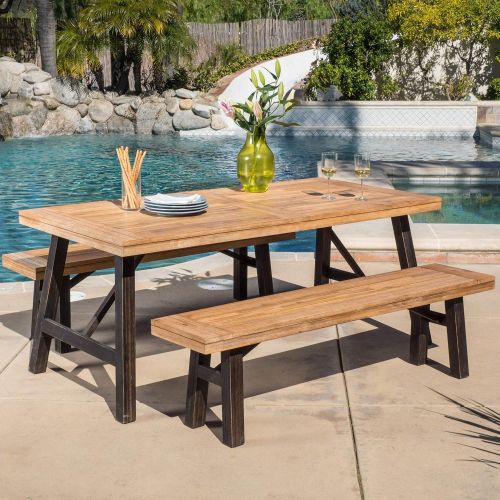  Christopher Knight Home Great Deal Furniture Valverde | 3 Piece Wood Outdoor Picnic Dining Set | Perfect for Patio | with Teak Finish