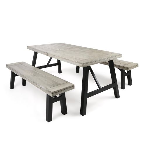  Christopher Knight Home Amaya Indoor Farmhouse Cottage 3 Piece Light Grey Finished Acacia Wood Picnic Set