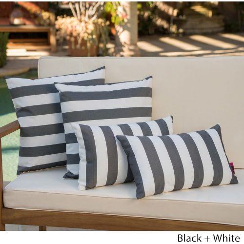  Great Deal Furniture La Jolla Outdoor Black and White Striped Water Resistant Square and Rectangular Throw Pillows (Set of 4)