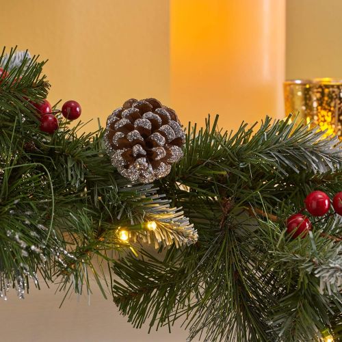  Christopher Knight Home 307391 9-Foot Mixed Spruce Pre-Lit Clear LED Artificial Christmas Garland with Glitter Branches, Red Berries and Pinecones, Battery-Operated, Timer Included