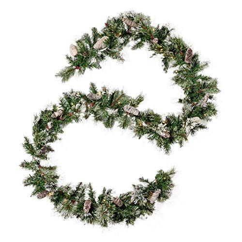  Christopher Knight Home 307393 9-Foot Mixed Spruce Pre-Lit Clear LED Artificial Christmas Garland with Snow and Glitter Branches and Frosted Pinecones, Battery-Operated, Includes T