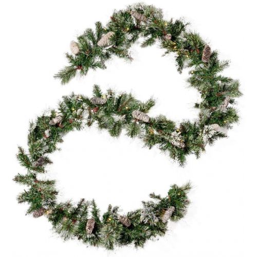  Christopher Knight Home 307393 9-Foot Mixed Spruce Pre-Lit Clear LED Artificial Christmas Garland with Snow and Glitter Branches and Frosted Pinecones, Battery-Operated, Includes T