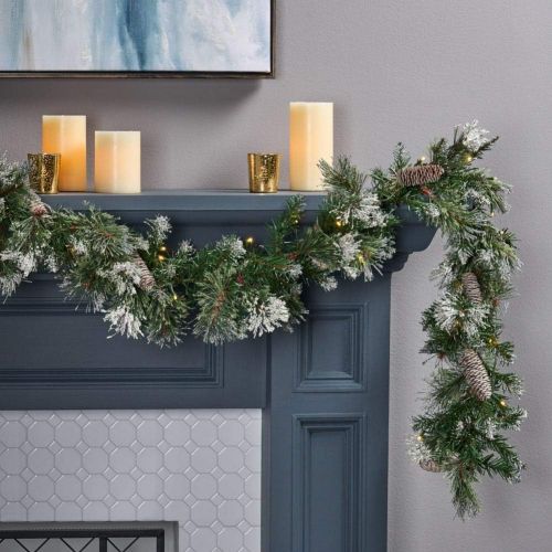  Christopher Knight Home 307393 9-Foot Mixed Spruce Pre-Lit Clear LED Artificial Christmas Garland with Snow and Glitter Branches and Frosted Pinecones, Battery-Operated, Includes T