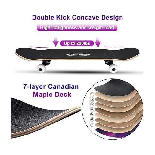  ChromeWheels 31 inch Skateboard Complete Skateboards Double Kick Skate Board 7 Layer Canadian Maple Deck Skateboard for Kids and Beginners