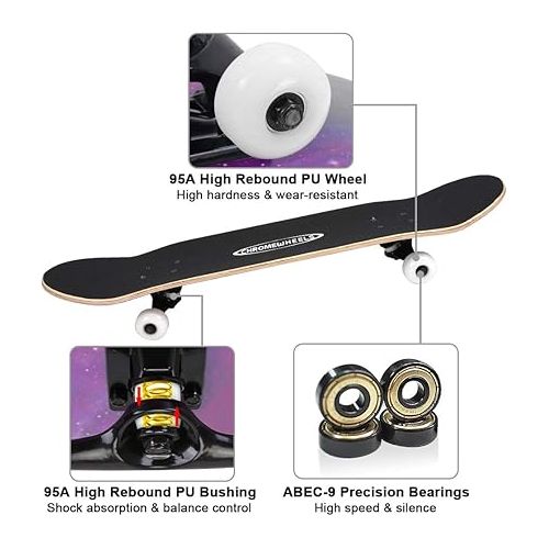  ChromeWheels 31 inch Skateboard Complete Skateboards Double Kick Skate Board 7 Layer Canadian Maple Deck Skateboard for Kids and Beginners