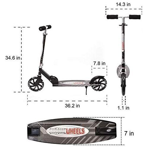  ChromeWheels Kick Scooter, Deluxe 8 Large 2 Light Up Wheels Wide Deck 5 Adjustable Height with Kickstand Foldable Scooters, Best Gift for Age 9 up Kids Girls Boys Teens, 200lb Weig