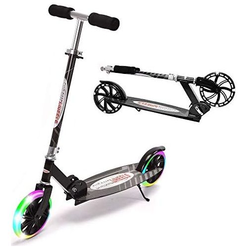  ChromeWheels Kick Scooter, Deluxe 8 Large 2 Light Up Wheels Wide Deck 5 Adjustable Height with Kickstand Foldable Scooters, Best Gift for Age 9 up Kids Girls Boys Teens, 200lb Weig