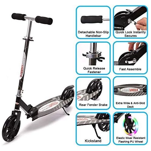  ChromeWheels Kick Scooter, Deluxe 8 Large 2 Light Up Wheels Wide Deck 5 Adjustable Height with Kickstand Foldable Scooters, Best Gift for Age 9 up Kids Girls Boys Teens, 200lb Weig