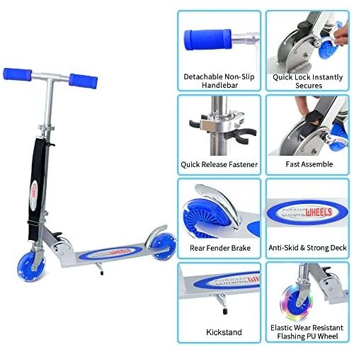  ChromeWheels Scooter for Kids, Deluxe 2 Wheel Kick Scooters 4 Adjustable Height with LED Light Up Wheels, for Age 5 up Girls Boys, 132lb Weight Limit