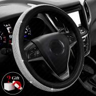 ChuLian New Diamond Leather Steering Wheel Cover with Bling Bling Crystal Rhinestones, Universal Fit 15 Inch Car Wheel Protector for Women Girls,Black