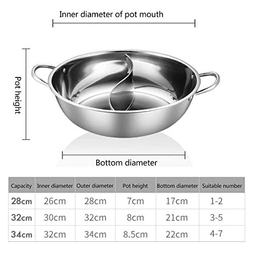  [아마존베스트]Chuanfeng Stainless Steel Hot Pot Wok with Dividers, 28 cm 32 cm 34 cm Diameter, Chinese Fire Pot Stainless Steel Pots Suitable for Induction Cookers, Gas Cookers, Without Cover