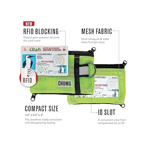  Chums Surfshorts Flow Wallet - Ultra Thin Slim Card RFID Wallet For Men with Keyring Attachment & Quick Drying Mesh - EV Green