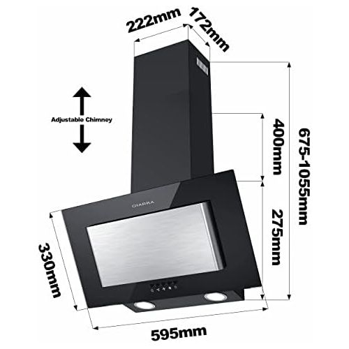  [아마존베스트]CIARRA CBCB6736D Cooker Hood 60 cm 370 m³/h Wall Extractor Hood (Black), Extractor Operation and Recirculation Mode, LED Lighting, 3 Levels Stainless Steel, Compatible Carbon Filte