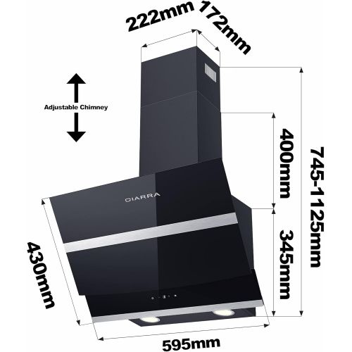  [아마존베스트]Ciarra Extractor Hood, 60 cm, 3 Speed, Stainless Steel, Aluminium Grease Filter, Wall Extractor Hood, Black