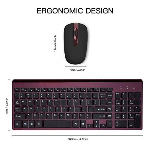  [아마존베스트]Wireless Keyboard Mouse Combo, Cimetech Compact Full Size Wireless Keyboard and Mouse Set 2.4G Ultra-Thin Sleek Design for Windows, Computer, Desktop, PC, Notebook - (Wine red)