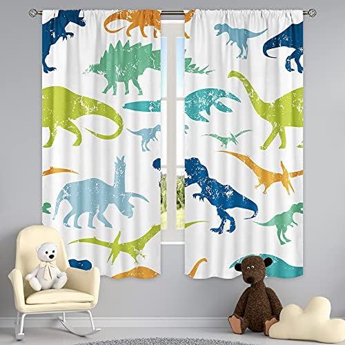  [아마존베스트]Cinbloo Cartoon Dinosaur Curtains Rod Pocket Colorful Dino Kids Jurassic Cute Wildlife Silhouettes Boys Art Printed Living Room Bedroom Window Drapes Treatment Fabric 2 Panels 42 (
