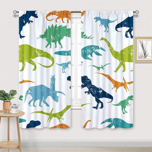  [아마존베스트]Cinbloo Cartoon Dinosaur Curtains Rod Pocket Colorful Dino Kids Jurassic Cute Wildlife Silhouettes Boys Art Printed Living Room Bedroom Window Drapes Treatment Fabric 2 Panels 42 (