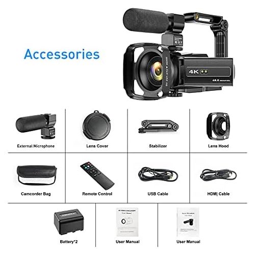  [아마존베스트]Cininery 4K Camcorder Video Camera WiFi 48MP IR Night Vision Vlogging Camera 16x Digital Zoom Video Recorder with Microphone, Camera Holder and Lens Hood