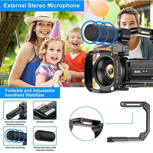  [아마존베스트]Cininery 4K Camcorder Video Camera WiFi 48MP IR Night Vision Vlogging Camera 16x Digital Zoom Video Recorder with Microphone, Camera Holder and Lens Hood