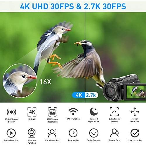  [아마존베스트]Cininery 4K Camcorder Video Camera WiFi 48MP IR Night Vision Vlogging Camera 16x Digital Zoom Video Recorder with Microphone, Camera Holder and Lens Hood