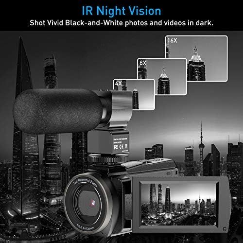  [아마존베스트]Cininery 4K Camcorder Video Camera WiFi 48MP IR Night Vision Vlogging Camera 16x Digital Zoom Video Recorder with Microphone, Camera Holder and Lens Hood