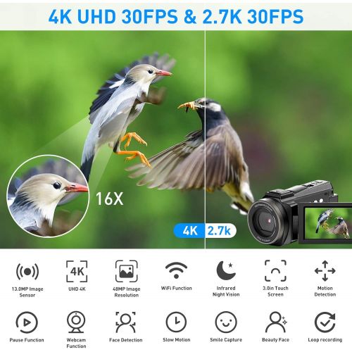  [아마존베스트]Cininery 4K Camcorder Video Camera WiFi 48MP IR Night Vision Vlogging Camera 16x Digital Zoom Video Recorder with Microphone, Camera Holder and Lens Hood