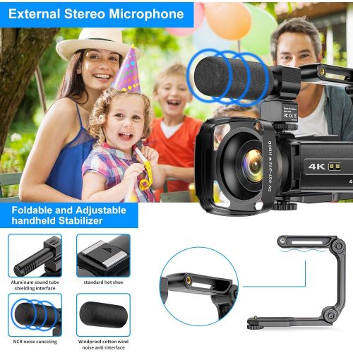  [아마존베스트]Cininery 4K Camcorder Video Camera WiFi 48MP IR Night Vision Vlogging Camera 16x Digital Zoom Video Recorder with Microphone, Camera Holder and Lens Hood