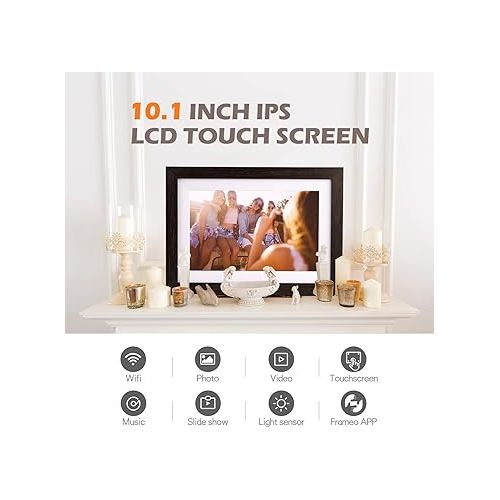  Frameo Digital Picture Frame WiFi 10.1inch Digital Photo Frame,Electronic Photo Frame Load from Phone,1280x800 IPS Touch Screen HD Display,Auto-Rotate,Share Photos/Video-Great Gift(Brown Wood)