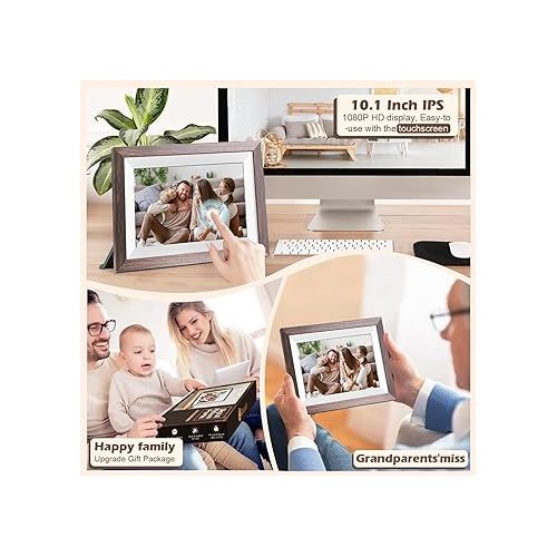  Frameo Digital Picture Frame WiFi 10.1inch Digital Photo Frame,Electronic Photo Frame Load from Phone,1280x800 IPS Touch Screen HD Display,Auto-Rotate,Share Photos/Video-Great Gift(Brown Wood)