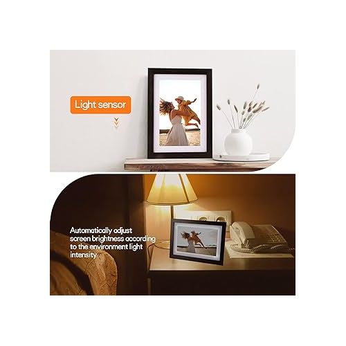  Frameo Digital Picture Frame WiFi 10.1inch Digital Photo Frame,Electronic Photo Frame Load from Phone,1280x800 IPS Touch Screen HD Display,Auto-Rotate,Share Photos/Video-Great Gift(Brown Wood)