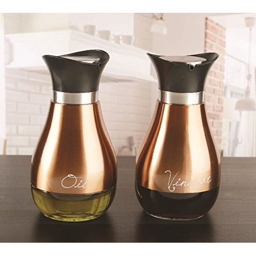  Circleware Cafe Contempo Copper and Glass Oil and Vinegar Container Dispenser Bottles, Set of 2, 13.6 ounce, Limited Edition Glassware