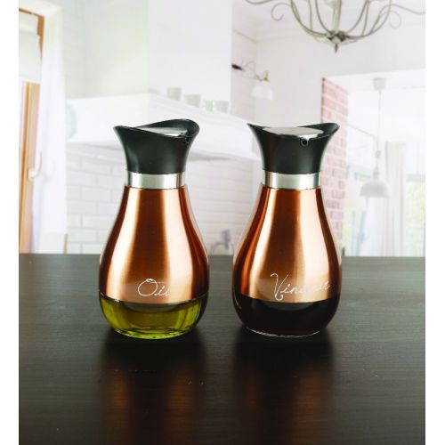  Circleware Cafe Contempo Copper and Glass Oil and Vinegar Container Dispenser Bottles, Set of 2, 13.6 ounce, Limited Edition Glassware