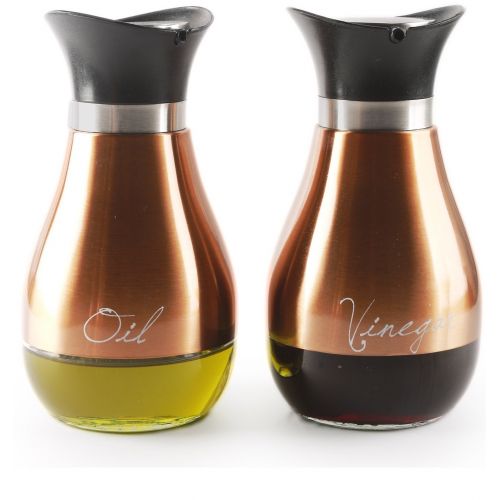  Circleware Cafe Contempo Copper and Glass Oil and Vinegar Container Dispenser Bottles, Set of 2, 13.6 ounce, Limited Edition Glassware