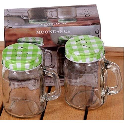  Circleware Yorkshire Mason Jar Mug Glass Salt and Pepper Shakers with Glass Handles and Green & Lids, Set of 2, 5 oz, Clear