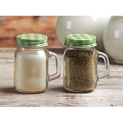  Circleware Yorkshire Mason Jar Mug Glass Salt and Pepper Shakers with Glass Handles and Green & Lids, Set of 2, 5 oz, Clear