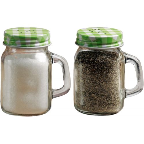  Circleware Yorkshire Mason Jar Mug Glass Salt and Pepper Shakers with Glass Handles and Green & Lids, Set of 2, 5 oz, Clear