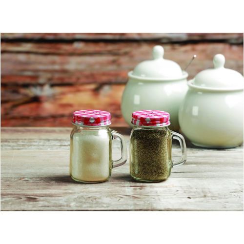  Circleware Mini Mason Jar Mug Glass Salt and Pepper Shakers with Metal Lids, Serving Food Container Glassware Dispensers Perfect for Himalayan Seasoning Herbs Spices, 5 oz, Red