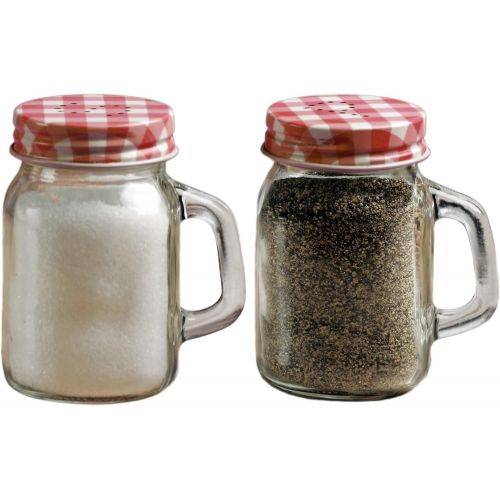  Circleware Mini Mason Jar Mug Glass Salt and Pepper Shakers with Metal Lids, Serving Food Container Glassware Dispensers Perfect for Himalayan Seasoning Herbs Spices, 5 oz, Red