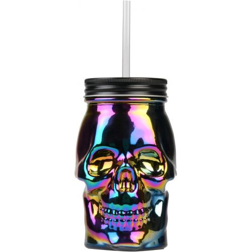  [아마존베스트]Circleware Rainbow Holographic Iridescent Glass Skull Sipper Mason Jar with Lid and Straw