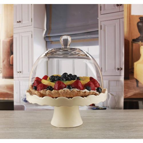  Circleware 55144 Dolche Torta Ceramic Multi-Functional Cake Stand Plate with Dome Home & Kitchen Entertainment Food Serving Platter for Fruit, Ice Cream, Dessert, Salad, Cheese, Ca