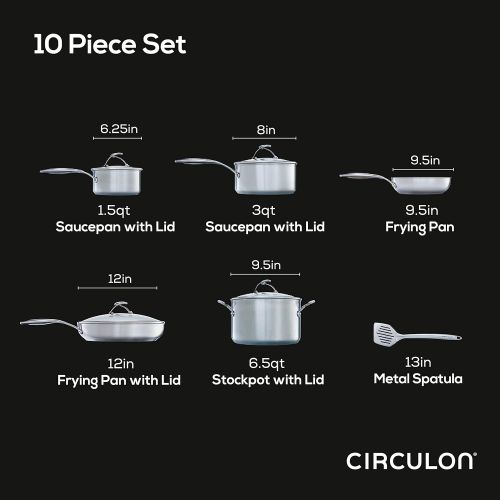  Circulon Stainless Steel Cookware Pots and Pans Set with SteelShield Hybrid Stainless and Nonstick Technology, 10 Piece, Silver