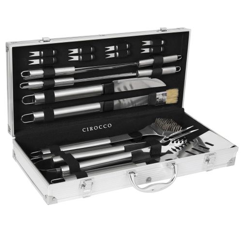  Cirocco 19 Pcs BBQ Barbecue Tool Set Box w/Case | Heavy Duty Professional Stainless Steel Durable Utensils Complete Accessories | For Men Outdoor Cooking Camping Picnic Family Part