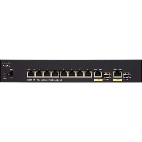 Cisco SG250-10P Smart Switch with 10 ports Gigabit Ethernet (GbE) Ports, 2 Gigabit Ethernet Combo SFP, 62W PoE, Limited Lifetime Protection (SG250-10P-K9-NA)