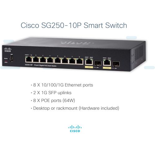  Cisco SG250-10P Smart Switch with 10 ports Gigabit Ethernet (GbE) Ports, 2 Gigabit Ethernet Combo SFP, 62W PoE, Limited Lifetime Protection (SG250-10P-K9-NA)