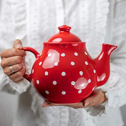  Handmade Red and White Polka Dot Large Ceramic 1,7l/60oz/4-6 Cup Teapot with Handle and Lid, Unique Pottery Housewarming Gift for Tea Lovers by City to Cottage