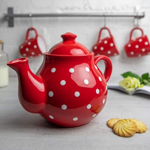  Handmade Red and White Polka Dot Large Ceramic 1,7l/60oz/4-6 Cup Teapot with Handle and Lid, Unique Pottery Housewarming Gift for Tea Lovers by City to Cottage